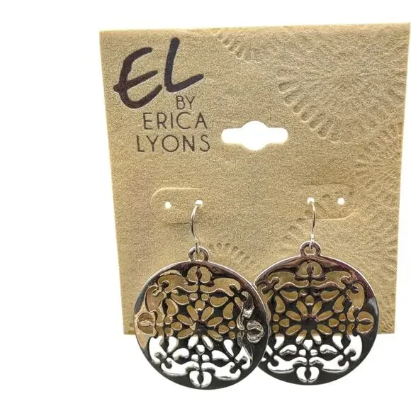 EL by Erica Lyons Silver Tone Filigree Drop Earrings Round Boho Dangle NWT - Picture 7 of 11
